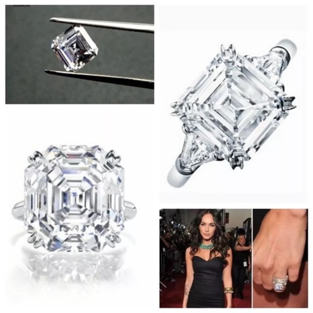 5.62-9.52Ct Three Stone Emerald Asscher White Sapphire Ring - Picture 9 of 15